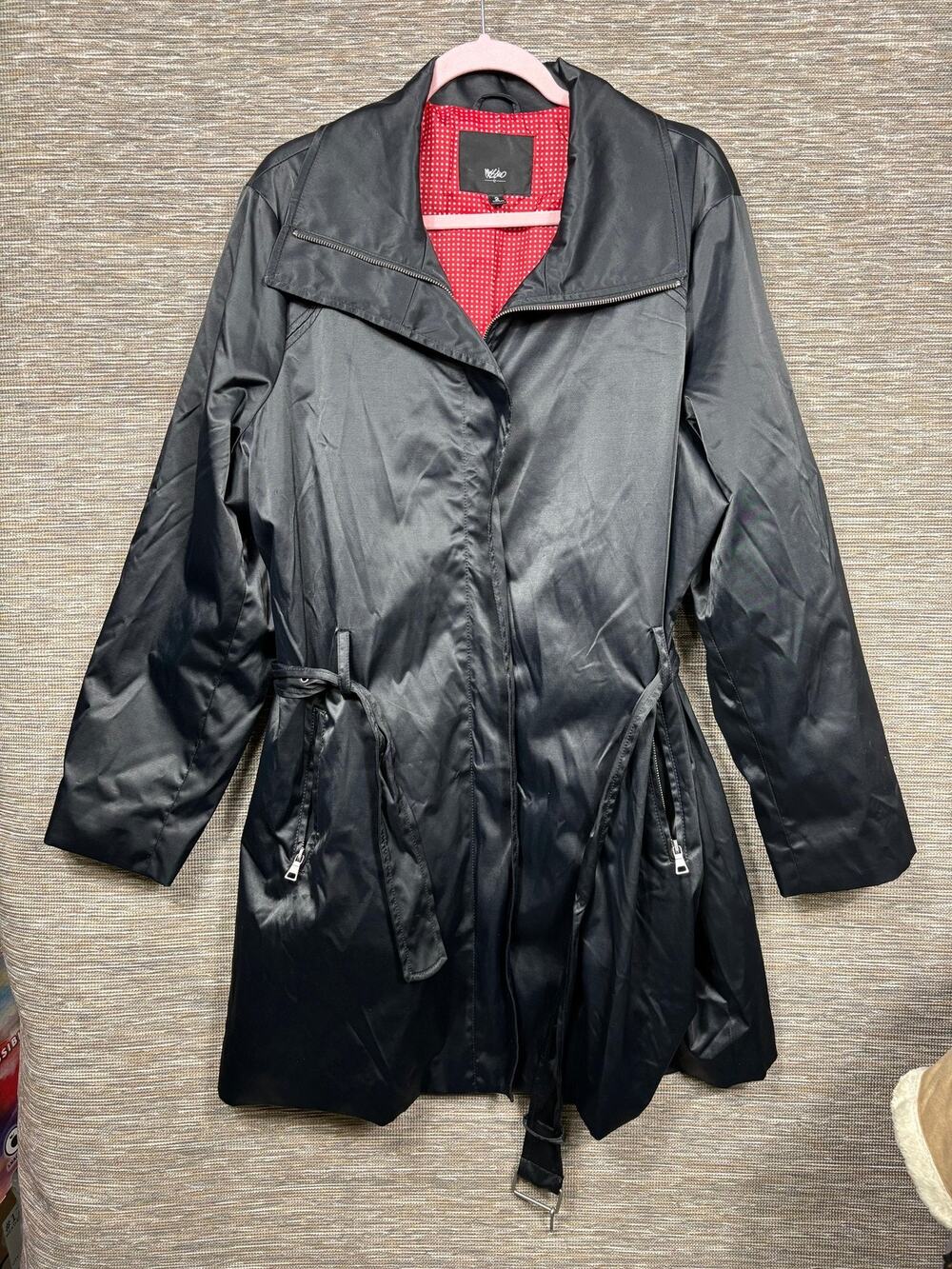 Mossimo Coat Womens 2 Black Belted Zip Trench Collared Lined Mid Length Pockets